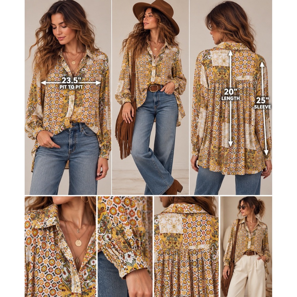 70s Boho Patchwork Floral Blouse L Rayon Tunic Pintuck Folk Prairie Hippie Flowy